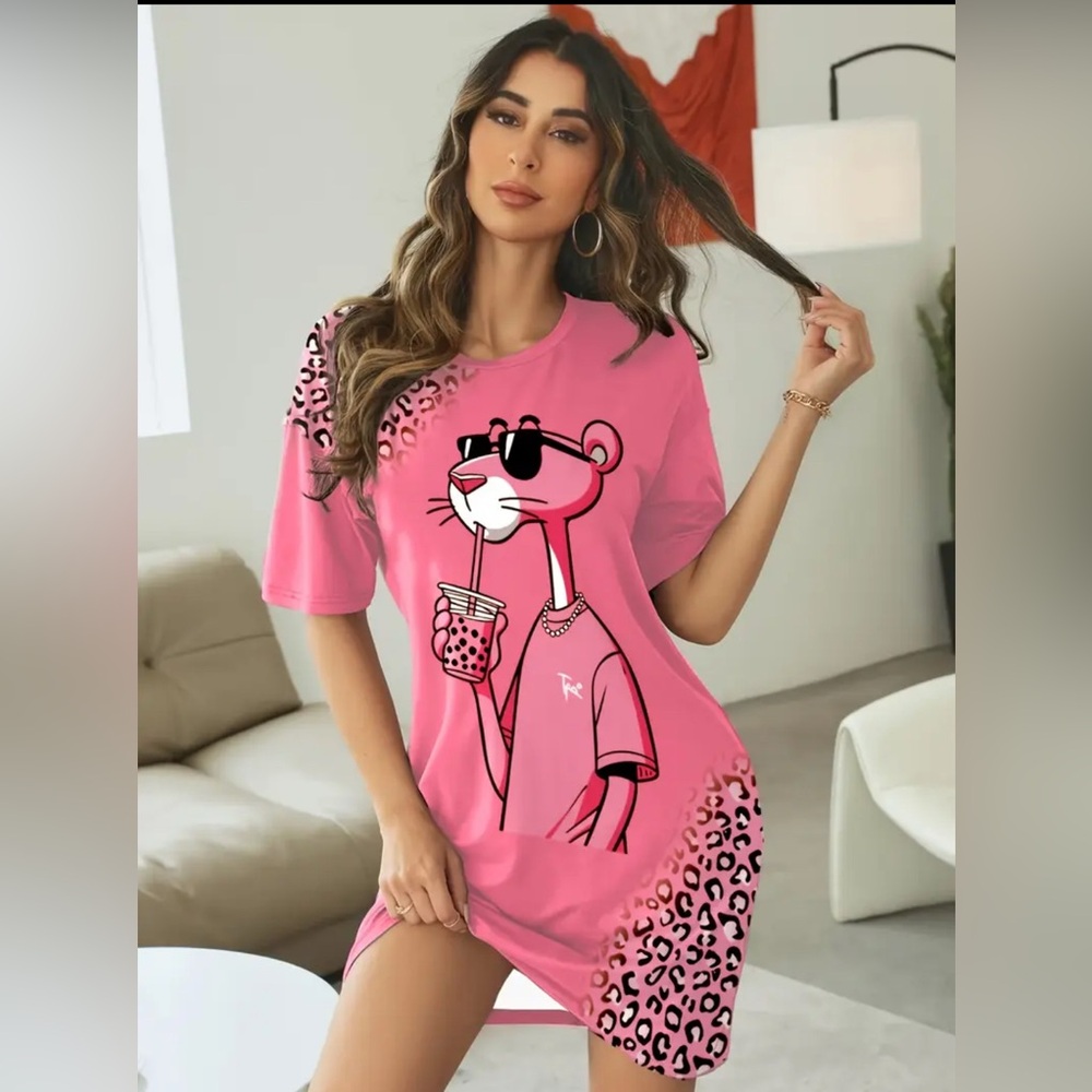 Pink Graphic T-Shirt Dress with Cartoon Print - Picture 3 of 5